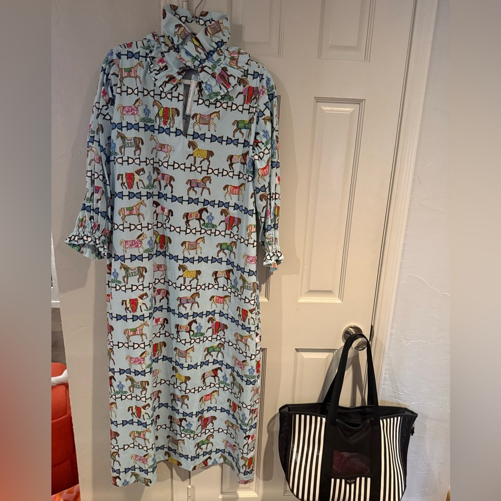 Light Blue Horse-Print Midi Dress with Tie Neck